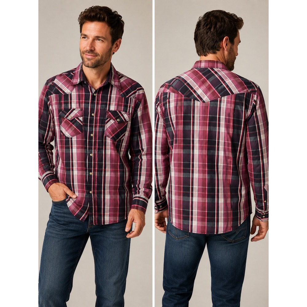 Wrangler ranch 20X Shirt Mens XL Burgundy Plaid Western Snap Long Sleeve cowboy